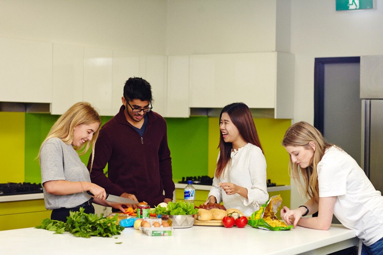 Students Preparing Food Four happy students in a test kitchen prepare a range of healthy food.