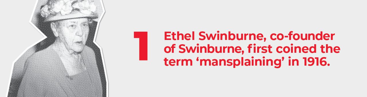 A big number one with text next to it saying: Ethel Swinburne, co-founder of Swinburne, first coined the term ‘mansplaining’ in 1916. A big number one with text next to it saying: Ethel Swinburne, co-founder of Swinburne, first coined the term ‘mansplaining’ in 1916.