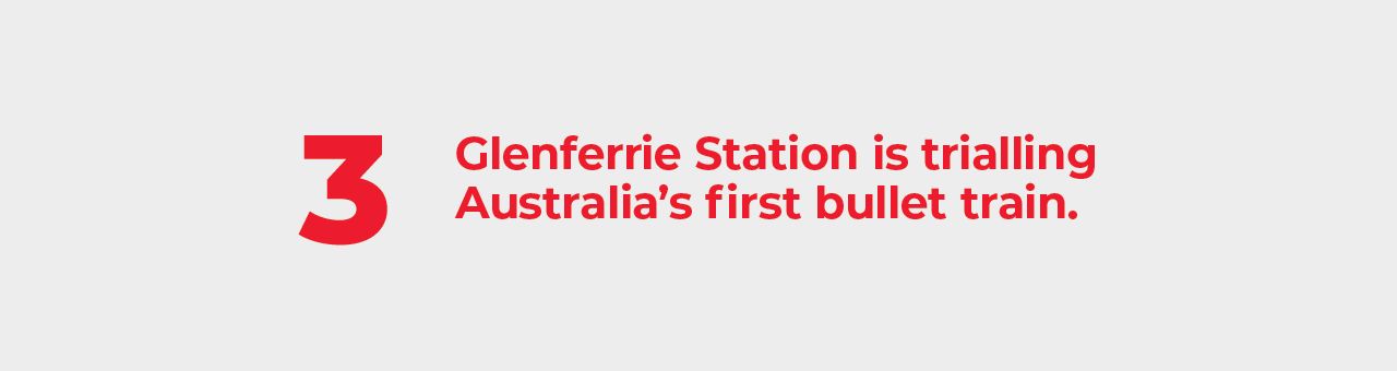 A big number three with text next to it saying: Glenferrie Station is trialling Australia’s first bullet train A big number three with text next to it saying: Glenferrie Station is trialling Australia’s first bullet train