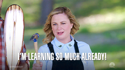 I'm learning so much already gif Blonde woman in overalls holding a hammer with a white caption that reads 'I'm learning so much already'