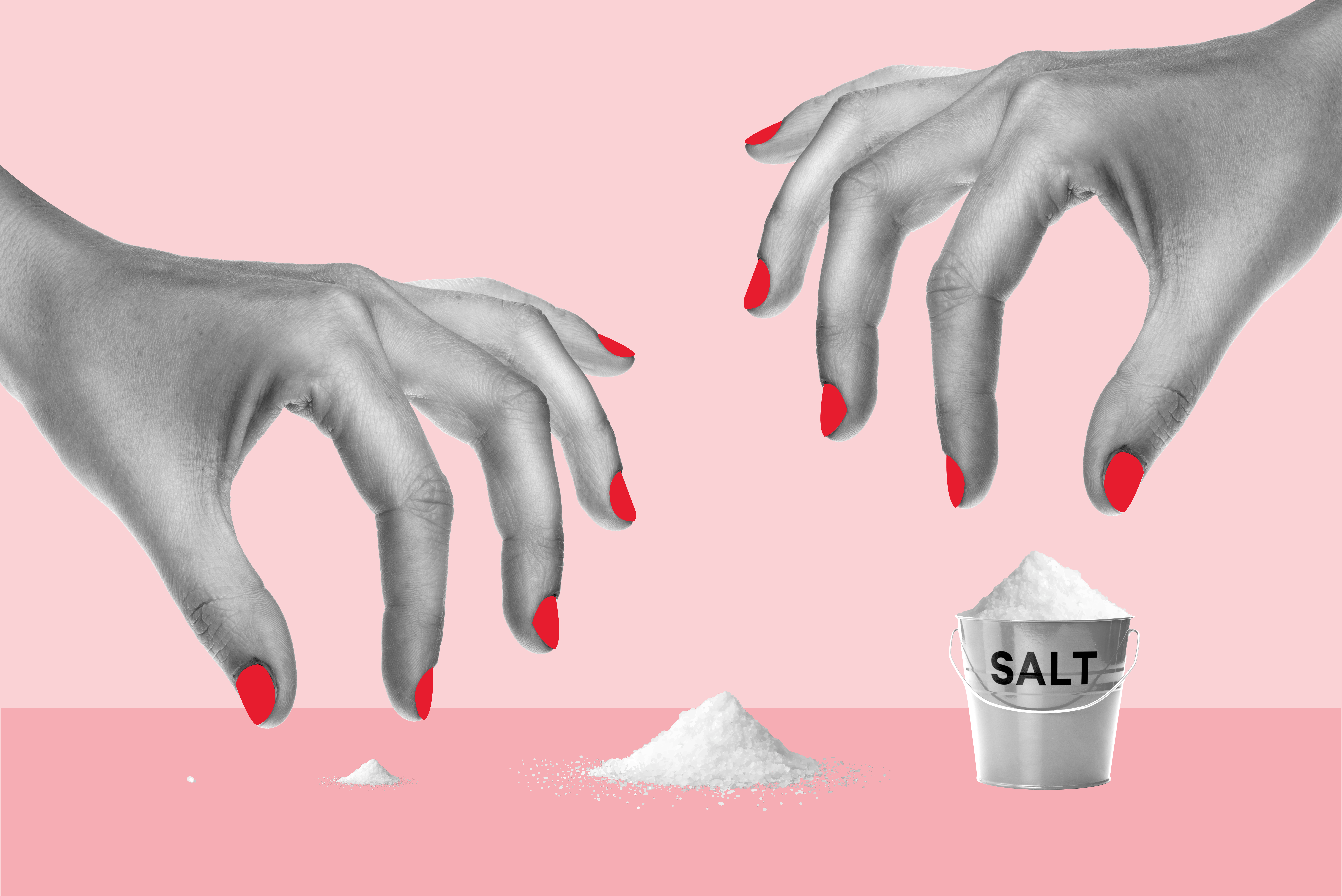 A graphic of of two hands with red fingernails taking pinches of salt from a steel bucket on a pink background.