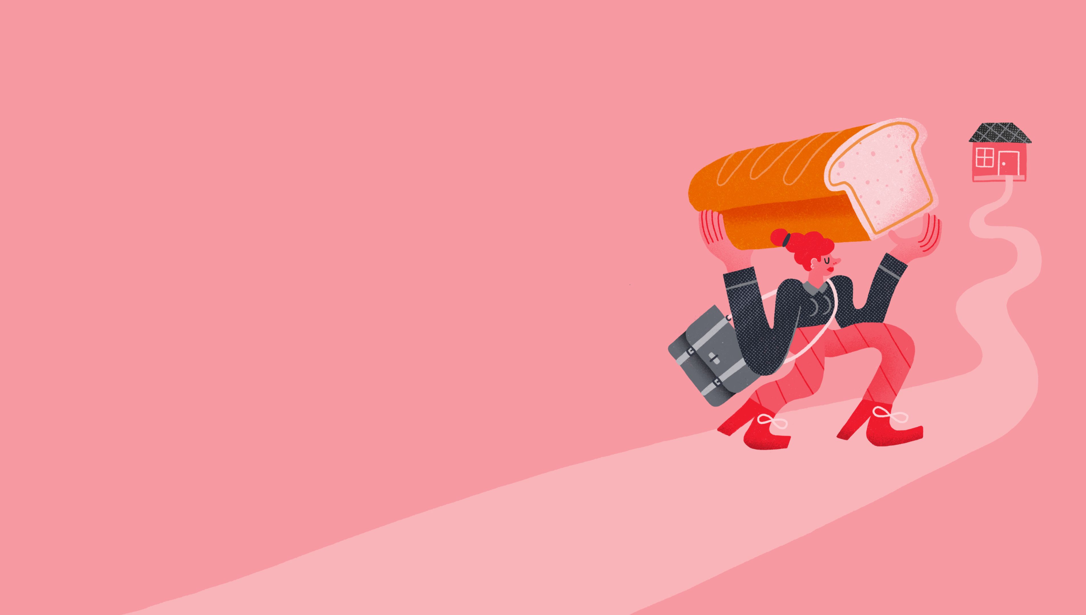 Unlearn It gender artwork Illustrated woman carries large loaf of bread over her head as she walks along a path towards her house