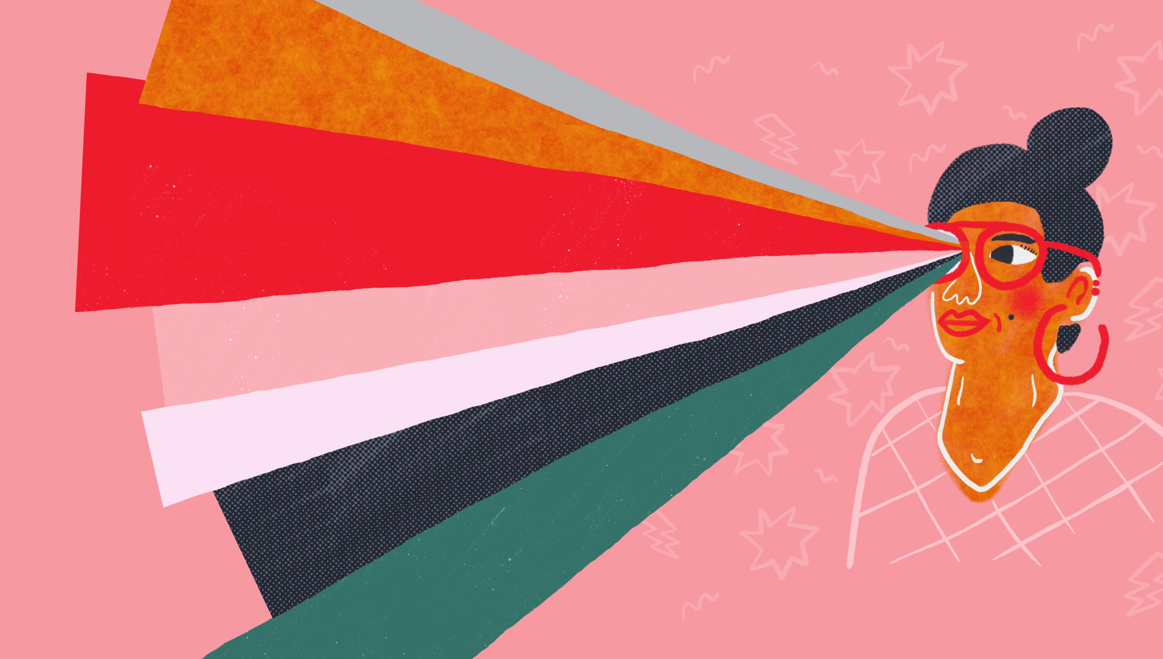 Unlearn It anti-racism artwork Illustrated woman sees a spectrum of colours to represent an inclusive outlook free of racism
