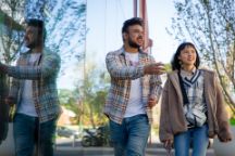 Two international students walking outside the TD Building on the Hawthorn campus.
