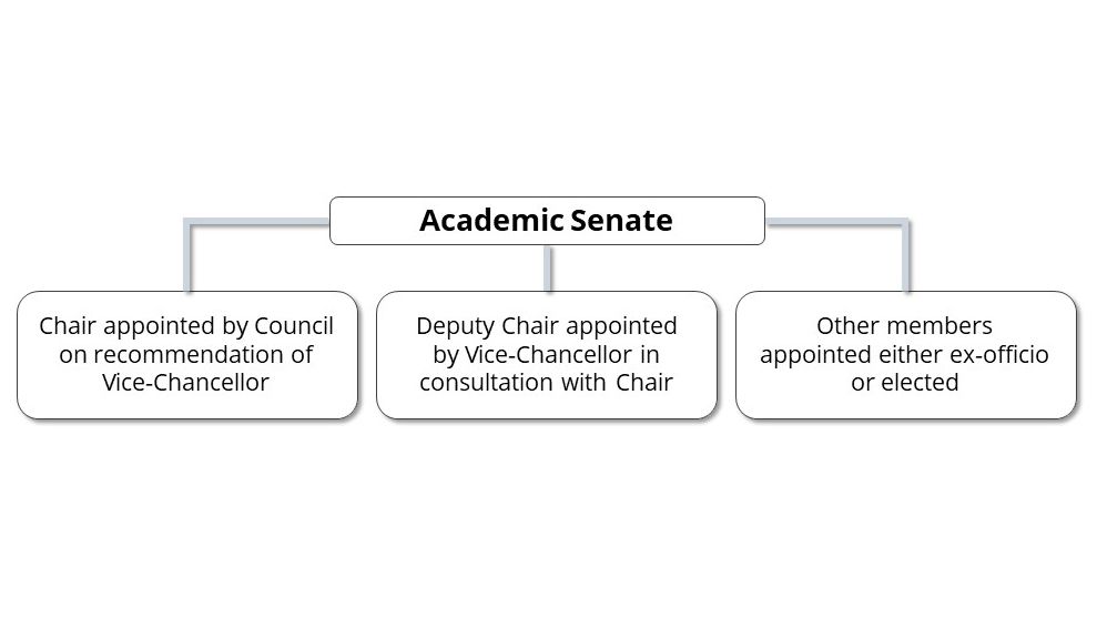 Academic-Senate.jpg Academic Senate's Chair is appointed by Council on recommendation of Vice-Chancellor. The Deputy Chair is appointed by the Vice-Chancellor in consultation with the Chair. Other members are appointed either ex-officio or elected.