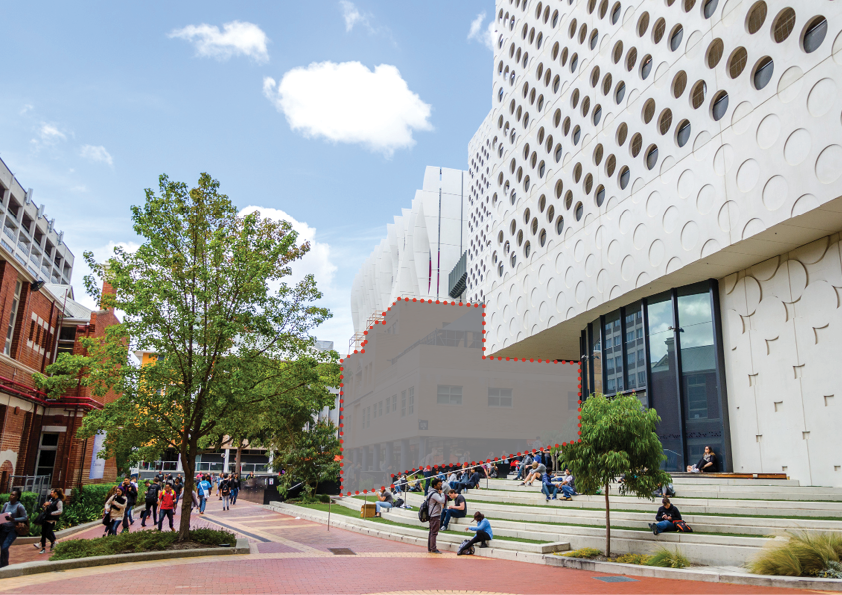 A photo of the ATC and 27 John St buildings shows a greyed out section bordered by red dots to indicate where the new 24/7 Latelab and student hub will be developed