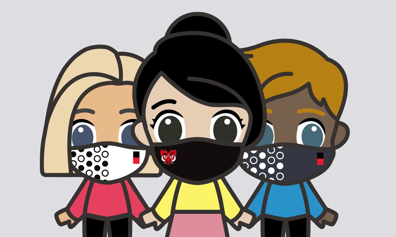 Swintopian-face-masks Three Swinburn cartoon characters wearing Swinburne branded face masks