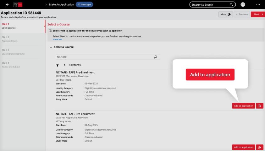 Image of how to apply webpage giving instructions on how to add a course to your application.