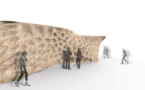A photomontage of a wall of mycelium acoustic panels. Mycelium is the vegetative part of a fungus or fungus-like bacterial colony, consisting of a mass of branching, thread-like hyphae.