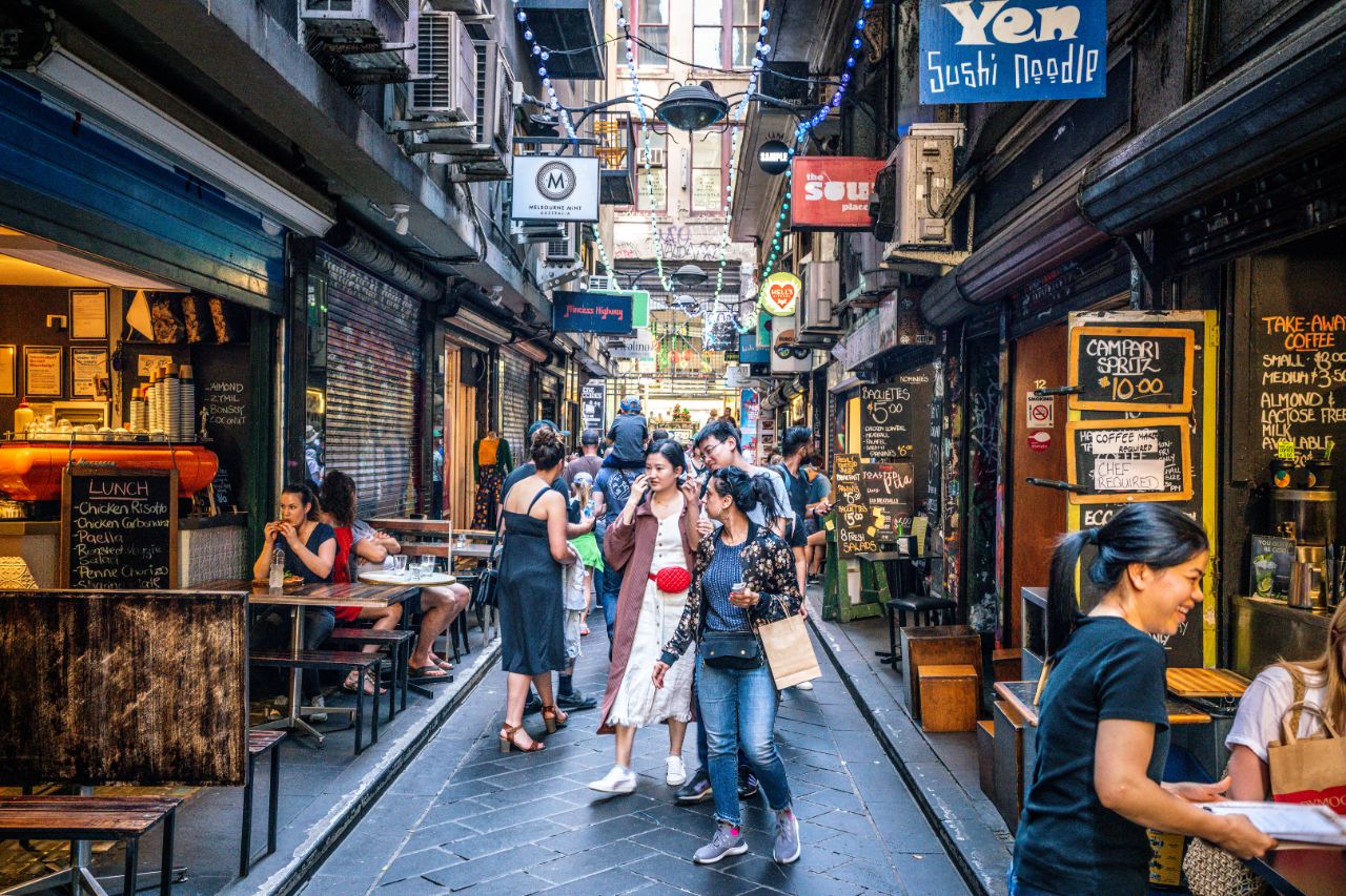 STOCK_Street_view_Centre_Place_an_iconic_pedestrian_laneway_with_cafe_and_people_in_Melbourne_Australia Street view of Centre Place an iconic pedestrian laneway with cafe and people in Melbourne Australia