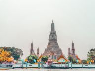 View of a towering temple from the water