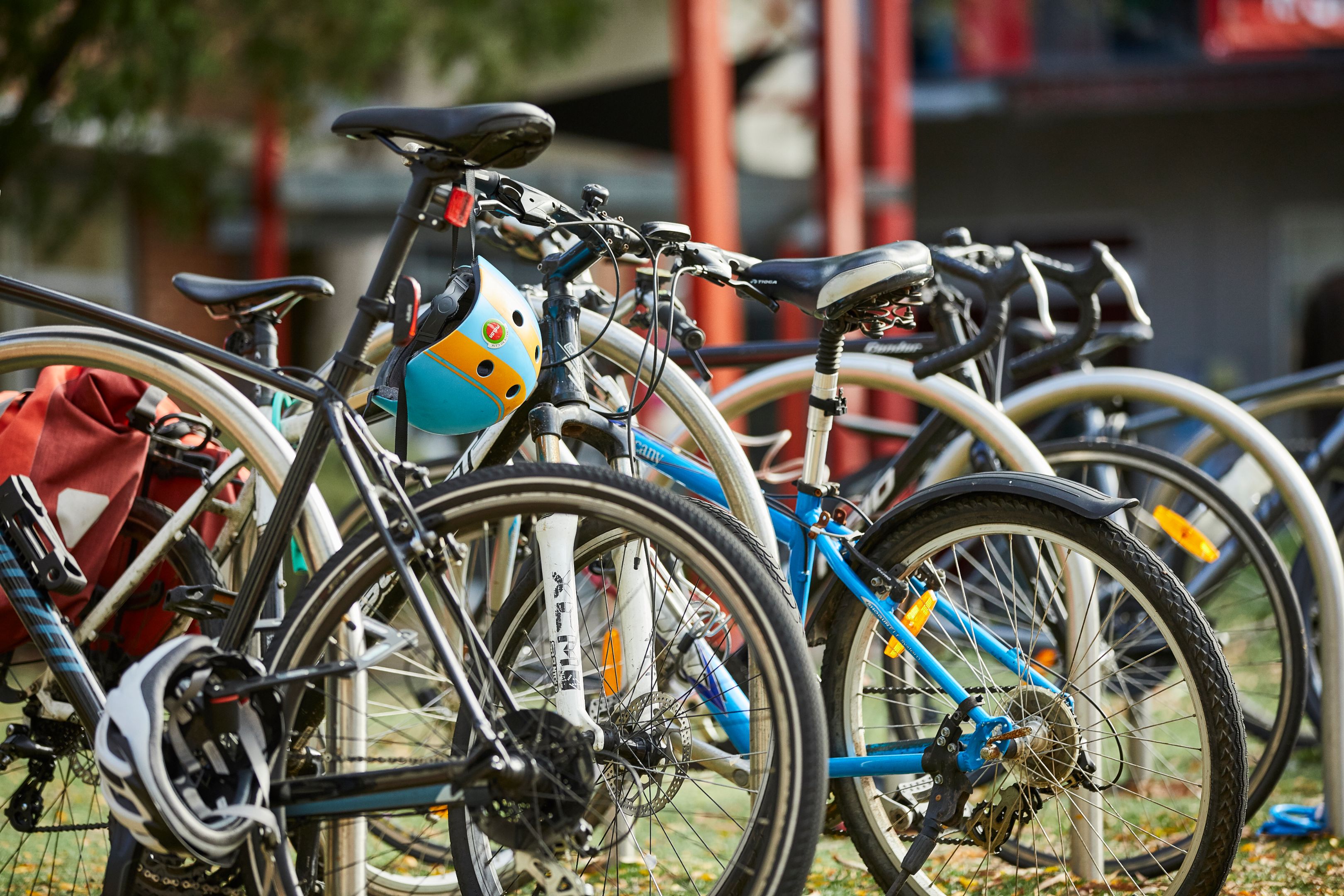 Bicycles on Wakefield Street Bikes securely locked at Hawthorn campus bicycle parking area