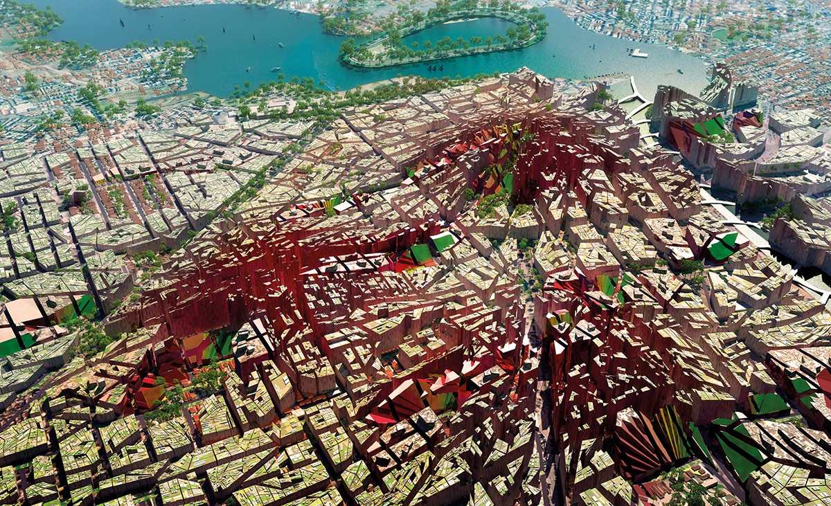 A computer-generated image showing an aerial view of a city that has a river winding through it, including a visualisation of the various heights of the terrain. 