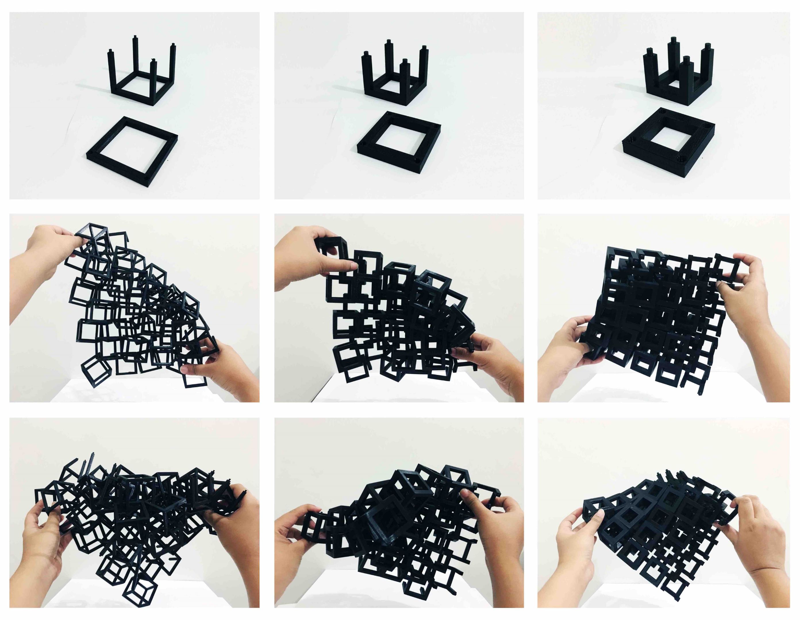Prototyping for Architectural Chainmail A grid of images showing a set of hands testing a system of interlocking cubes, 3d printed in different thick