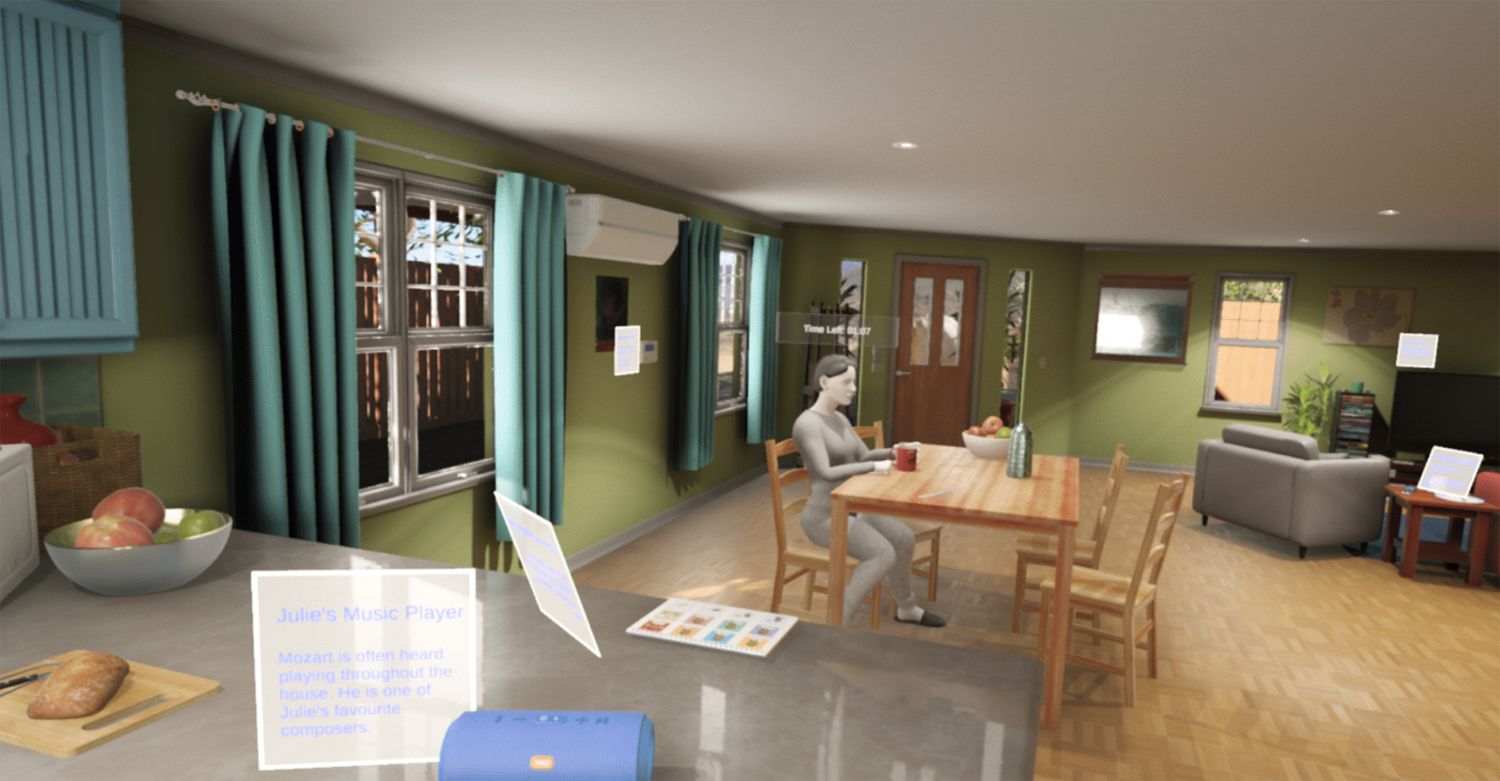 Smart Cities, Future Spaces for Living, VR simulation 2 Presented as a virtual reality simulation, an animated figure sits at a dining table inside a house.