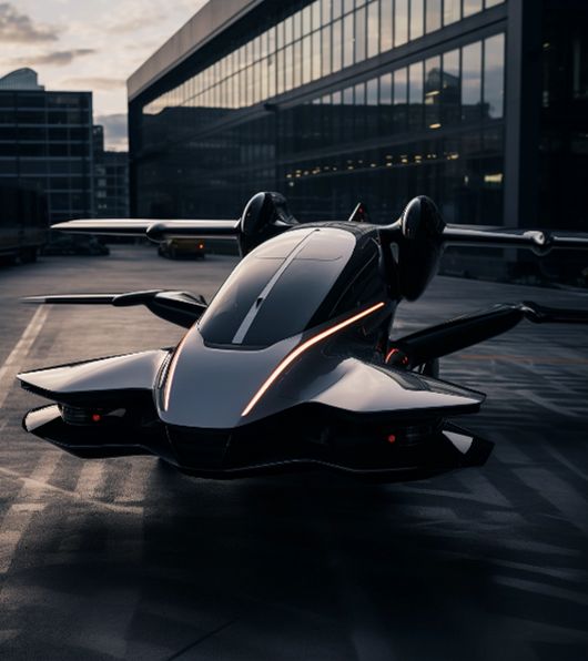 AI concept of a futuristic aircraft sleek grey metal aircraft of futuristic design parked on the ground in front of a building
