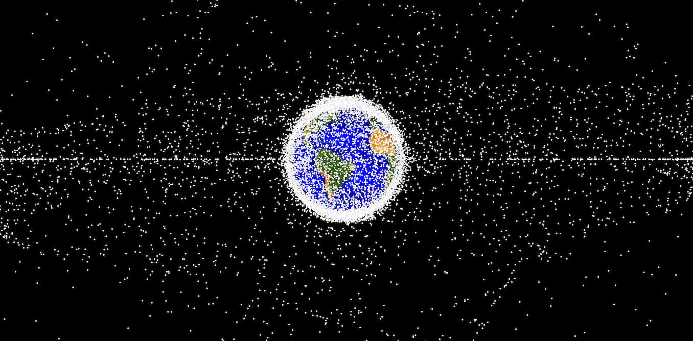 Image with earth being surrounded by hundreds of white dots, representing satellites and other space junk