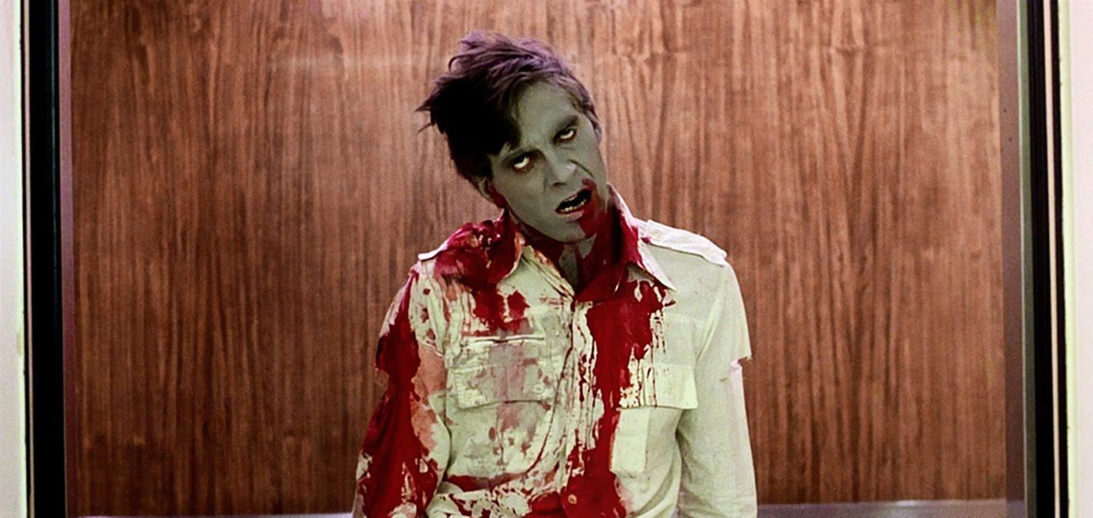 Zombie from Dawn of the Dead is pictured from the waist up with a green face, blood all over their shirt and a nasty stare.