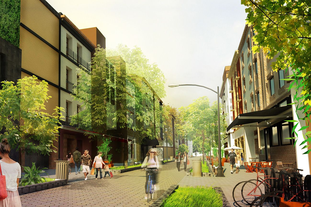 Smart Cities Research Institute, Future Urban Decision-making A computer-generated image of a green, brightly lit city street with people walking and riding a bike down the street