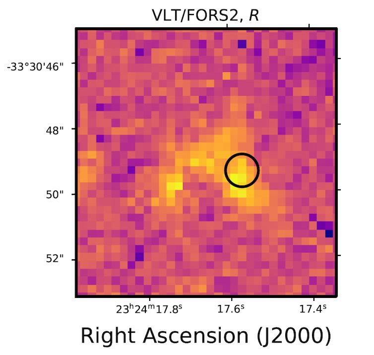 FRB 20220610A, as observed by the Very Large Telescope in Red (R-band) optical light Host galaxy of FRB 20220610A, as observed by the Very Large Telescope in Red (R-band) optical light. The black circle shows the position of the FRB as measured by ASKAP. Lachlan Marnoch (Macquarie Univesity/ASTRO-3D)