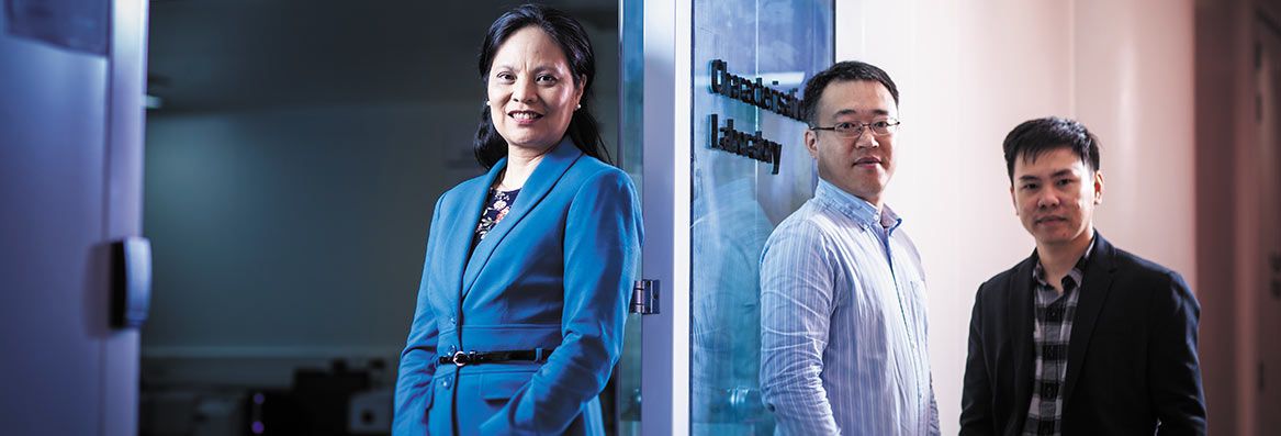 Inventors of Dyemaker - Research Impact magazine The inventors of Dyemaker, Professor Feng Wang, Dr Rui Zhou, and Minh Tai Nguyen stand side by side