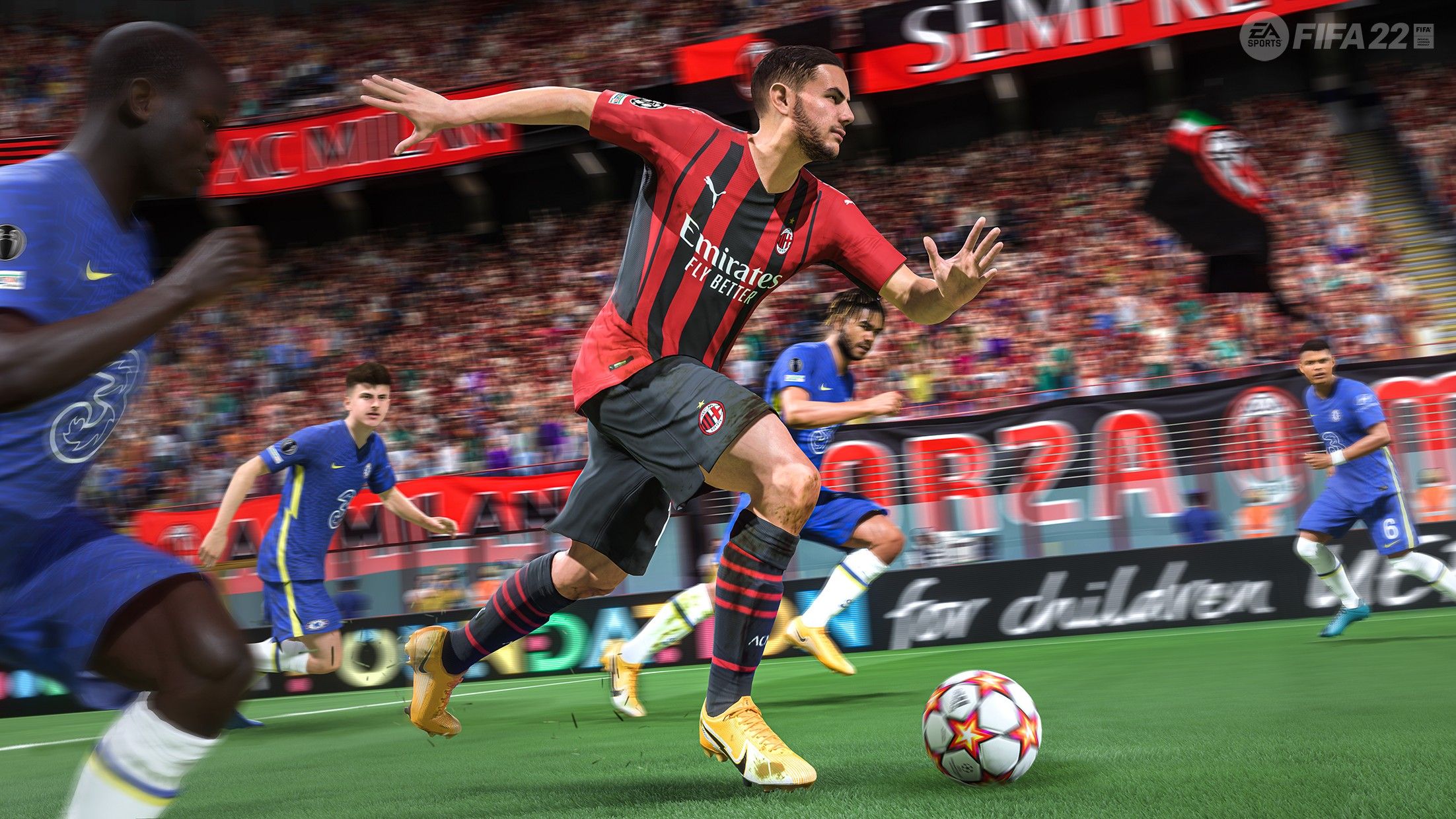 FIFA's graphics have improved dramatically FIFA in game footage of AC Milan defender, Theo Hernandez dribbling the ball past several Chelsea players