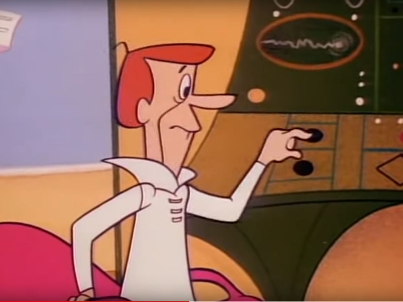 George Jetson George Jetson is pushing a button at work attached to a machine, wearing a white top and looking slightly worried