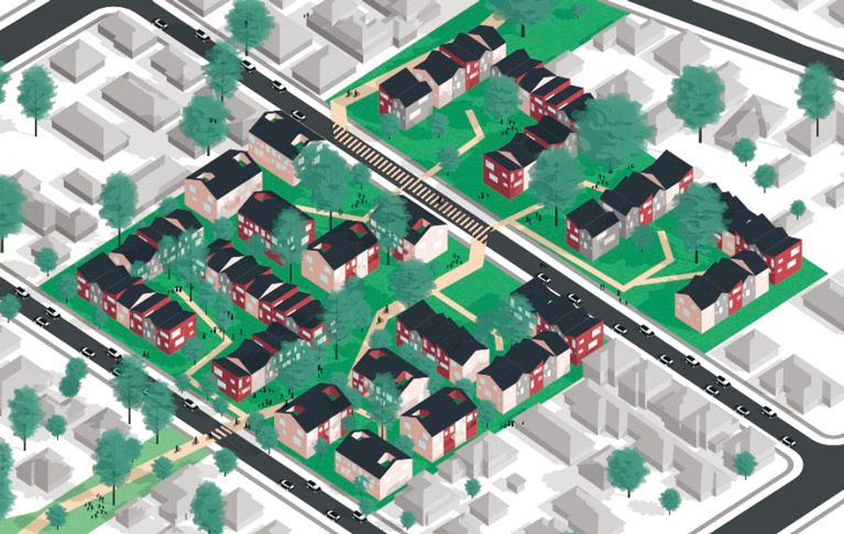 Research Impact Magazine - Greening the Greyfields Illustration of suburban housing. Houses in the centre of the image are coloured and feature surrounding grass and trees, whereas the houses on the edges are grey in colour.