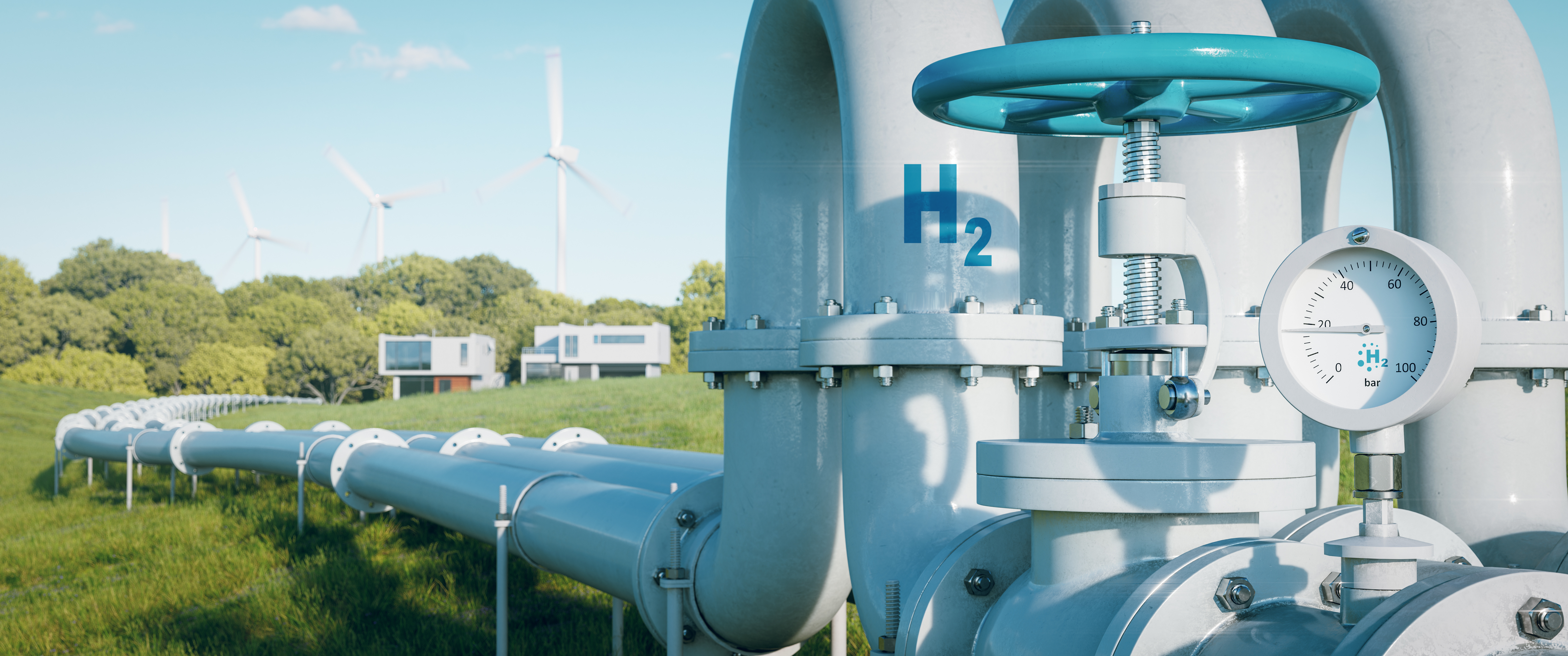 hydrogen pipeline to houses illustrating the transformation of the energy sector towards clean, carbon-neutral, safe and independent energy sources to replace natural gas in homes.