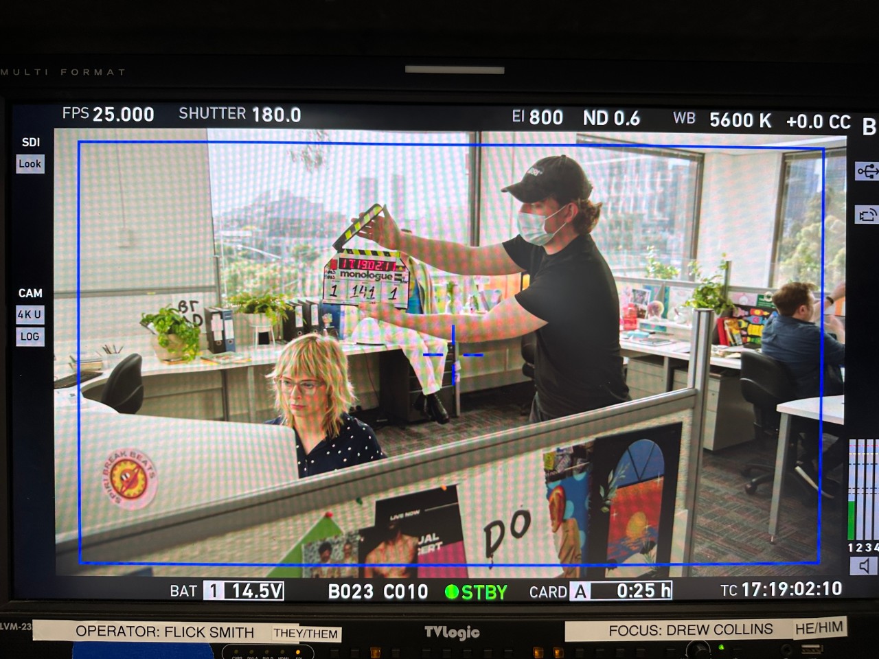 On set of Monologue, looking through the director's monitor