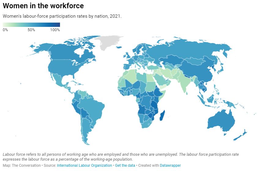 Women in the workforce A world map with countries in various shades of blue depending on the percentage of women working in that nation. Darker the blue, the more women are in the workforce in that country.