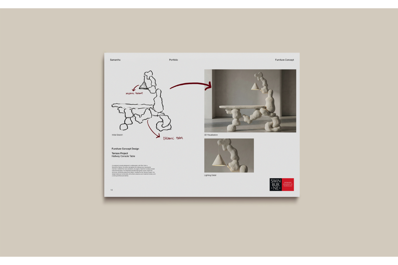 Portfolio page showing sculptural furniture sketches, reference images and design notes.