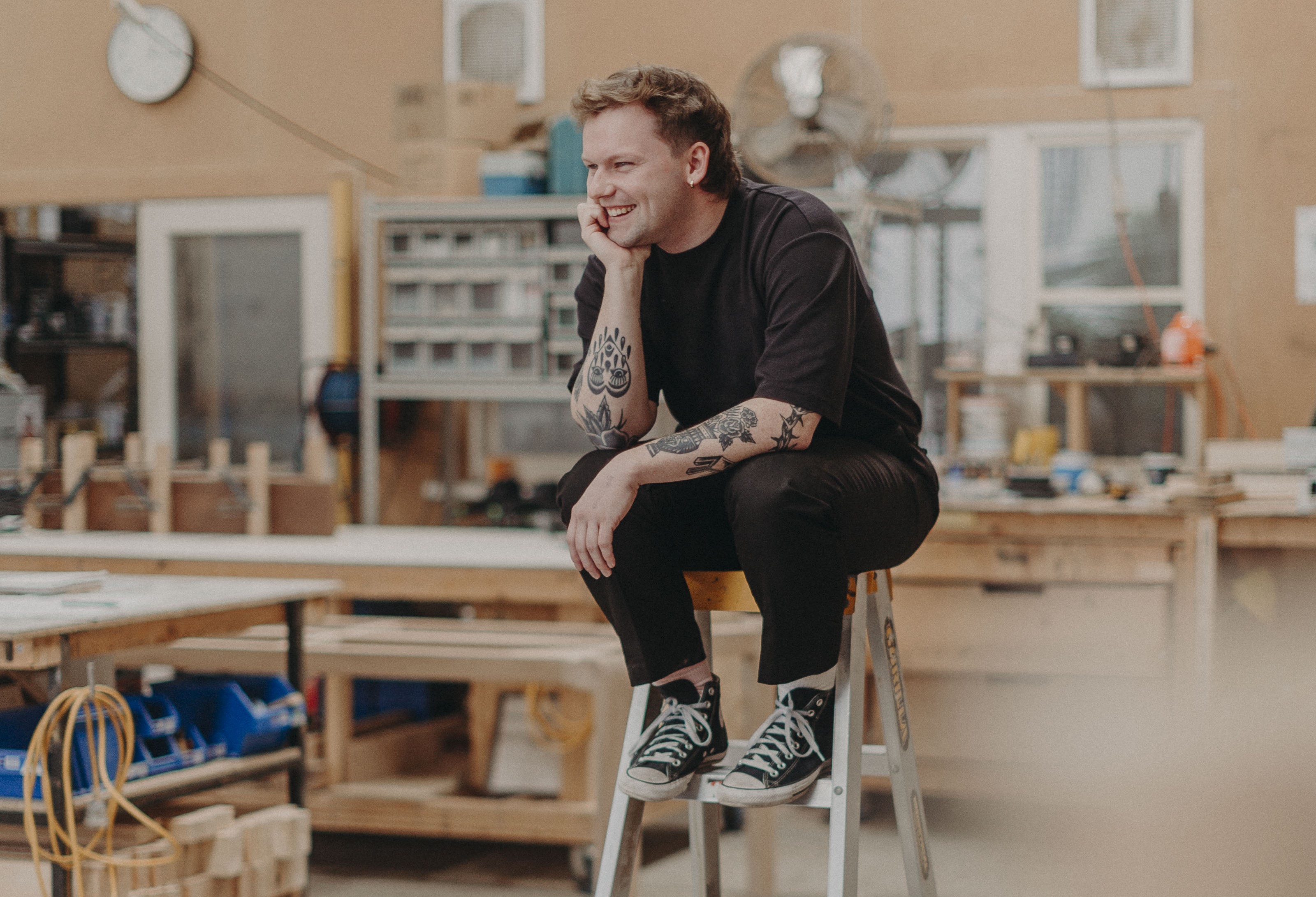 Lachlan Mackay working on design products at his studio Spaceman Studio