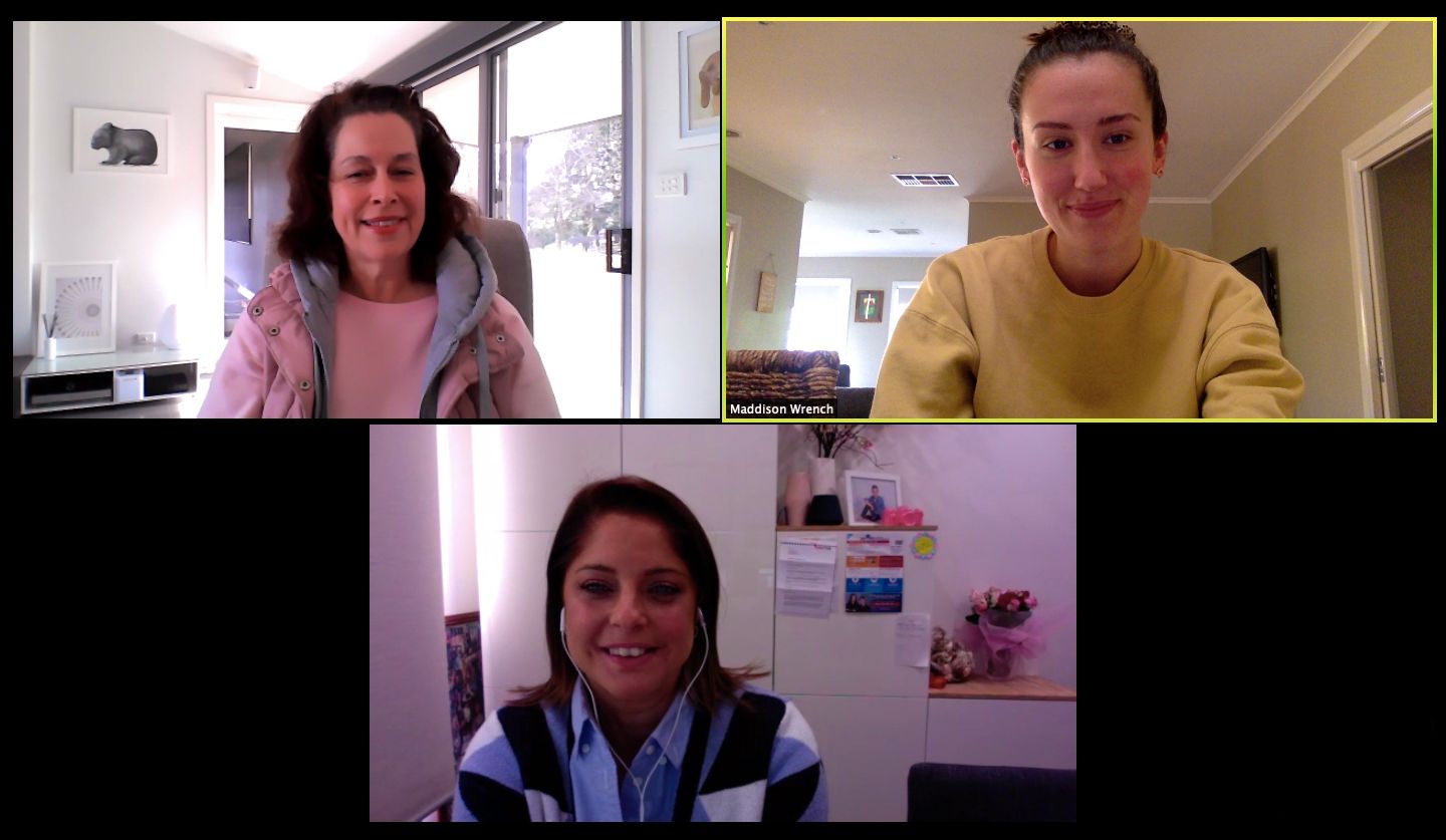 Maddison Wrench on Zoom call A screenshot of a zoom meeting with three people.
