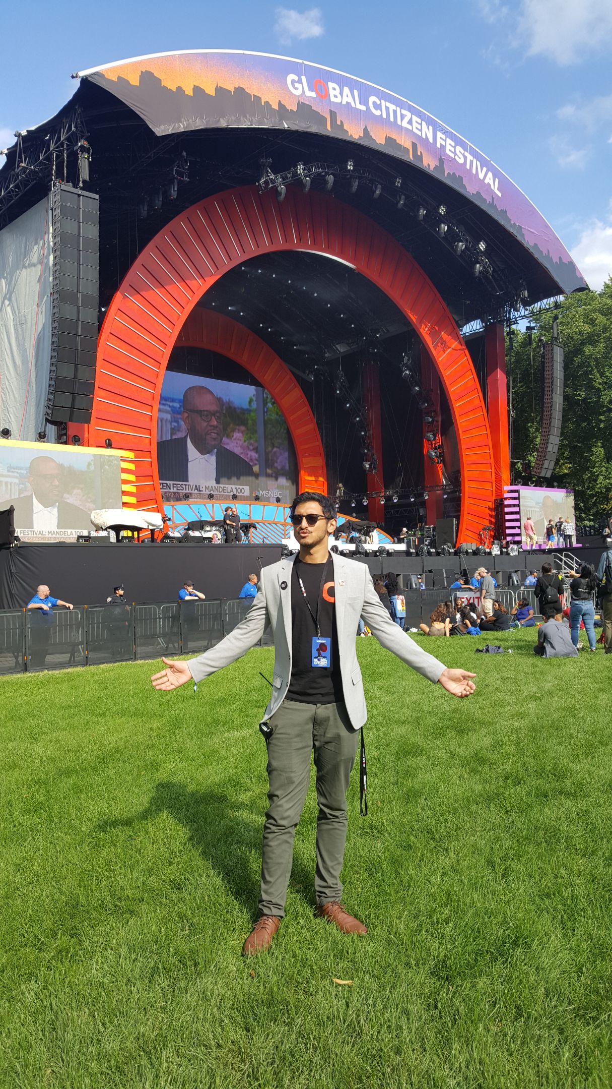 Study abroad and exchange student Raj Man standing in front of a stage at the Global Citizen Festival