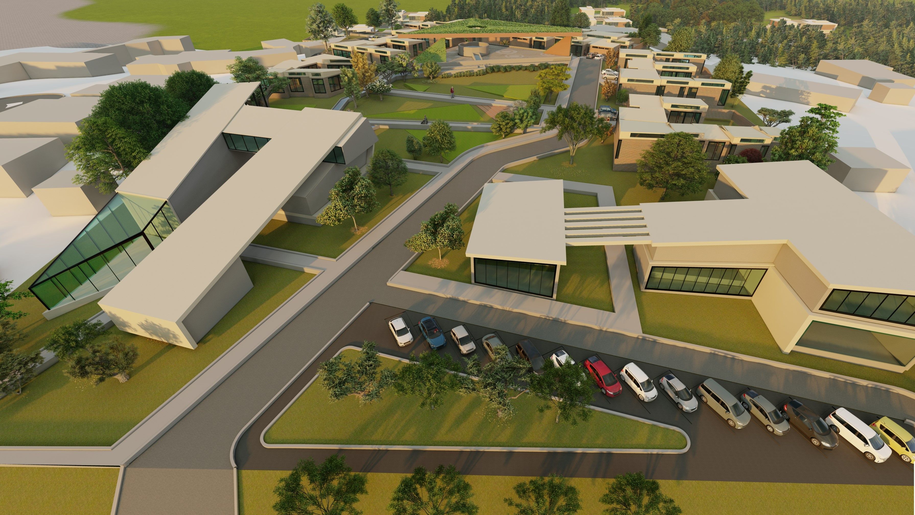 Birdseye render of modern luxury living center 