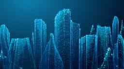 An abstract blue virtual render of a cityscape with interconnected angular linework.