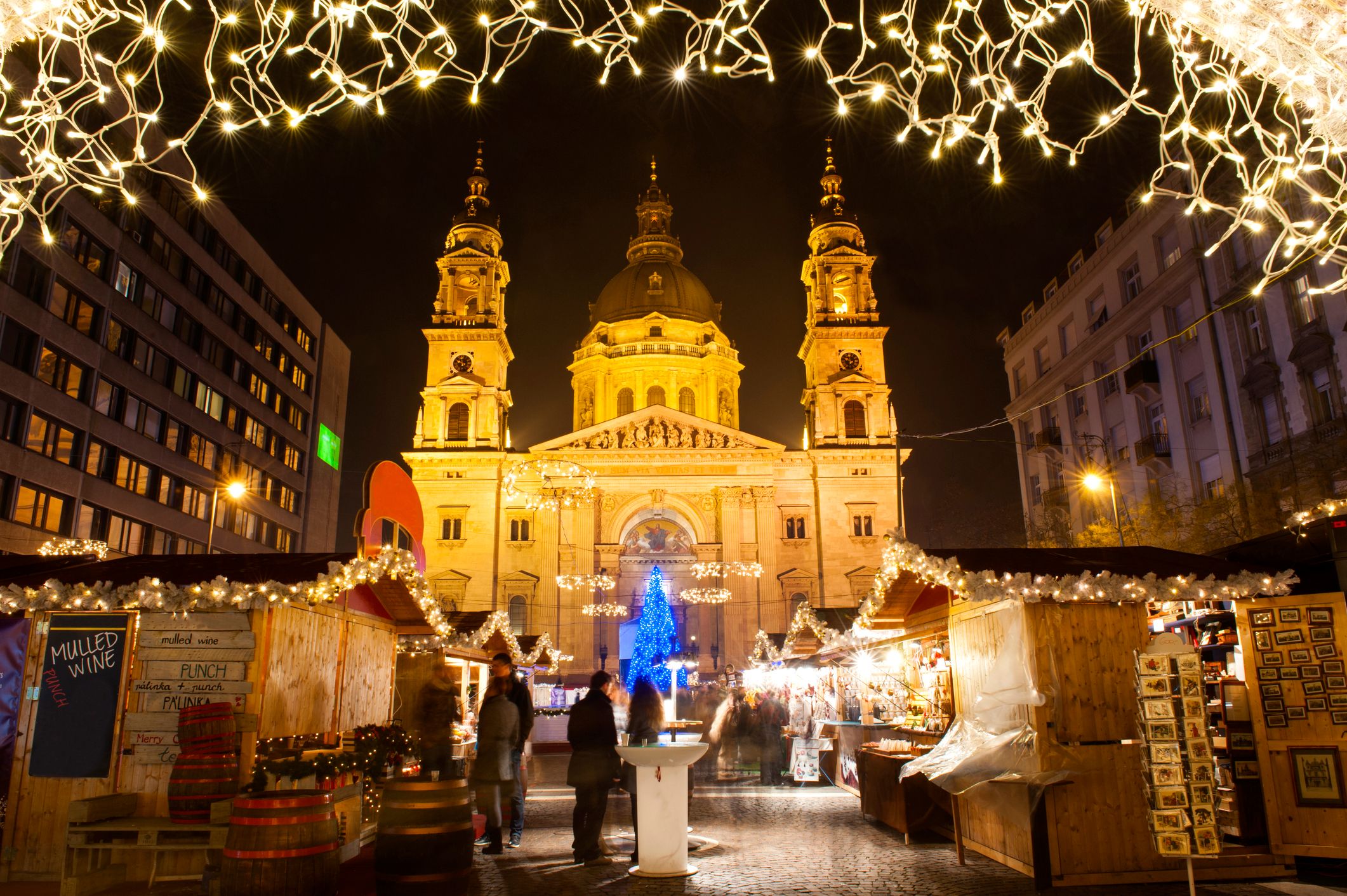 Christmas market in front of Budapest cathedral. Christmas in Budapest
