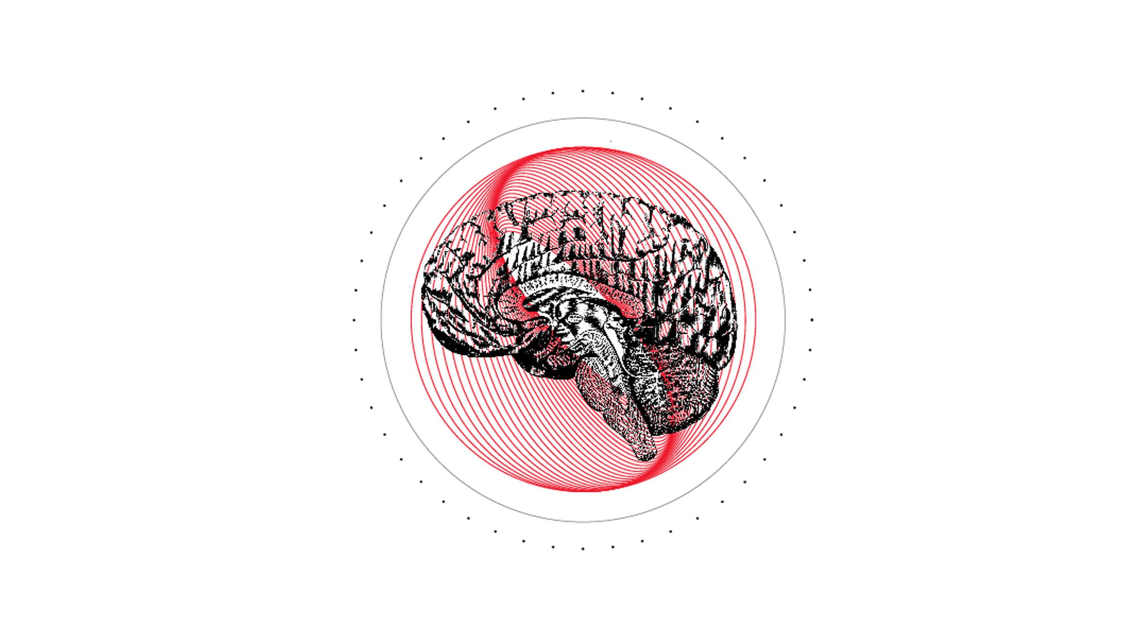 Soft skills brain Side view of a human brain with red circles and lines over and around it.